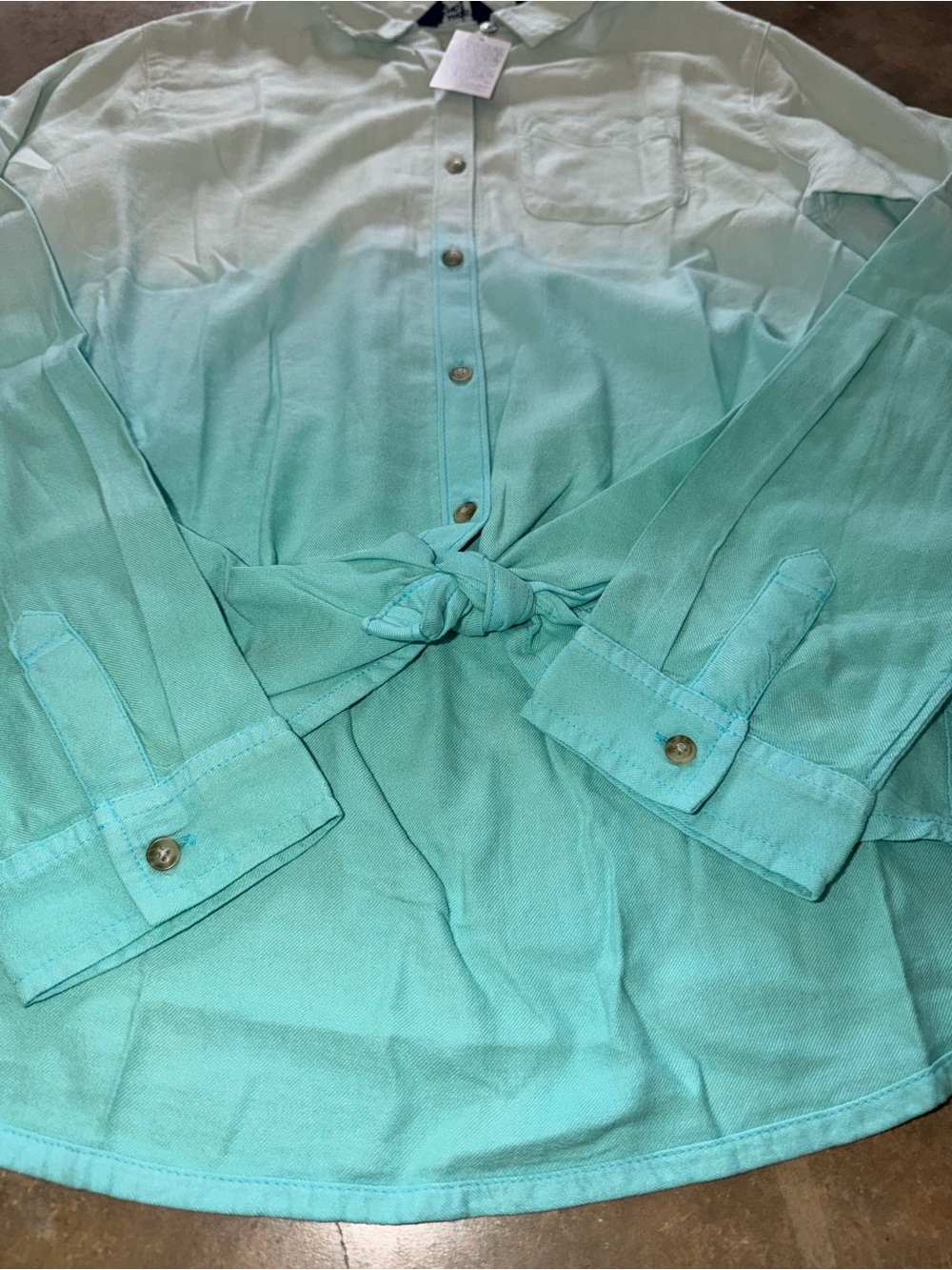 NWT Lands’ End Girls XL 16 Ombre Mint Aqua Button Front Tie Shirt Blue Cotton - Picture 2 of 9